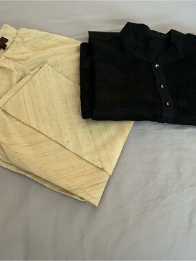 Men’s Black Matka Silk Embroidered Kurta with Pajama Set Size 42 Medium
